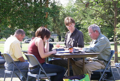 Scrabble in the sunshine: ScottM v. DanG and HilaryJ v. BobJ